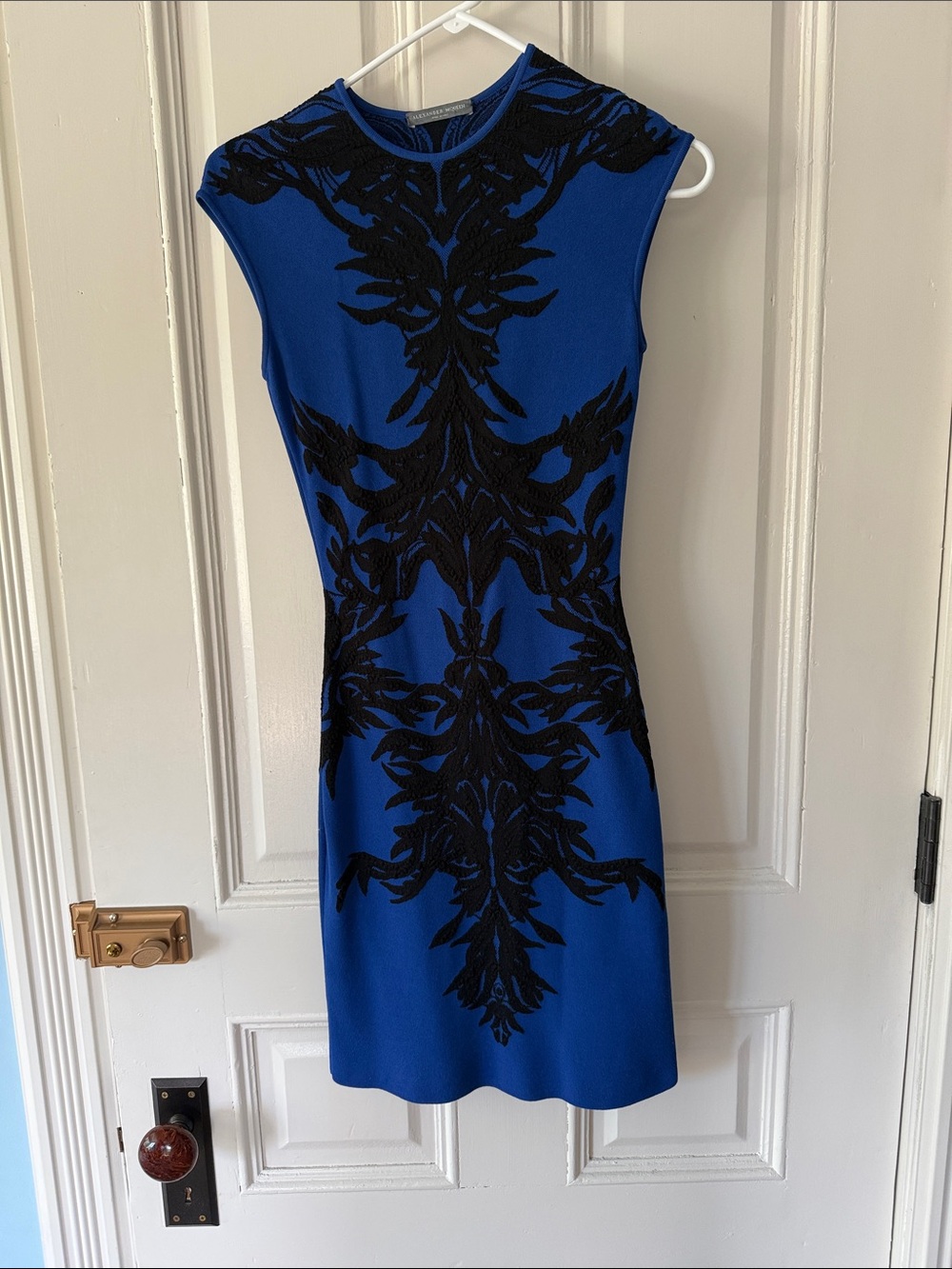 Alexander McQueen Royal Blue Sleeveless Mini Dress with Black Embroidered Motif